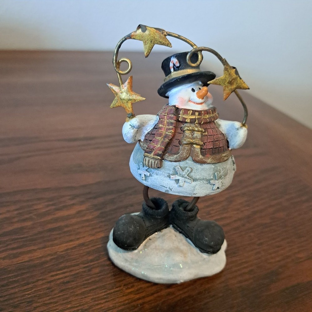 Rustic Snowman Figurine with Gold Stars Plaid Vest Winter Holiday Decor 4.5 inch